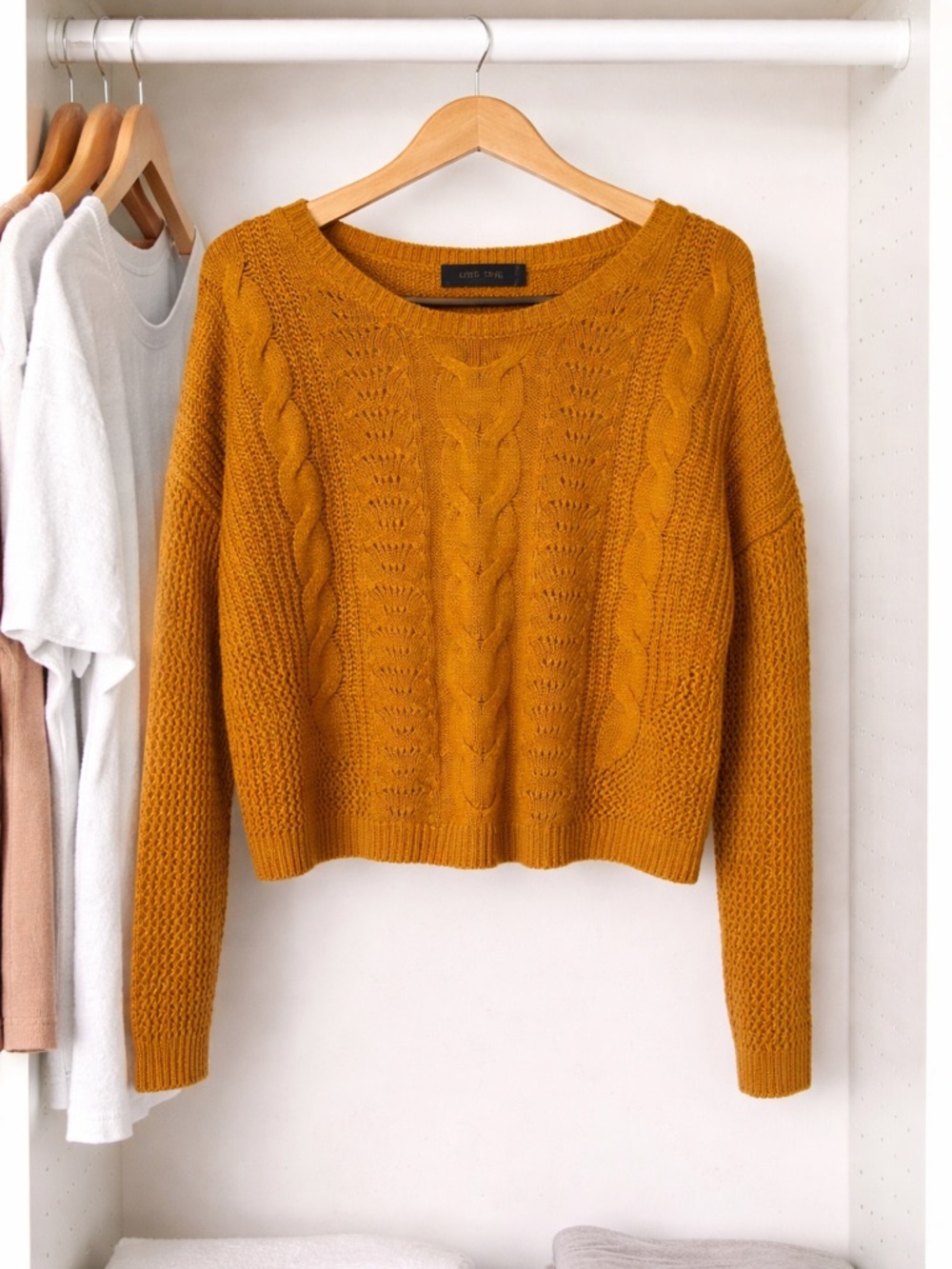 Love Tree Mustard Yellow Cable Knit Sweater Medium Cropped Cozy Boho